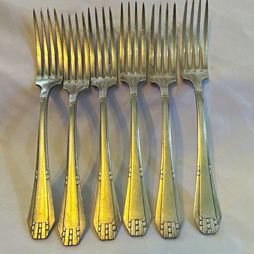 Rebels 100 French Dinner Fork Silver Art Deco Geometric Handle Set of 6 8.5 in